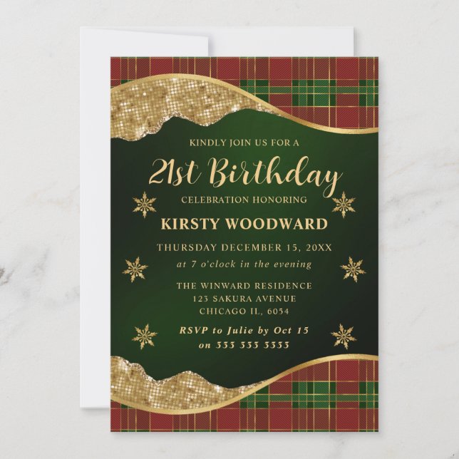 Green Red & Gold Plaid Snowflake 21st Birthday Invitation (Front)