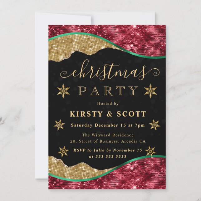 Green, Red & Gold Snowflake Christmas Party Invitation (Front)