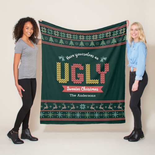 Green Red Gold Ugly Christmas Sweater Nordic Knit  Fleece Blanket