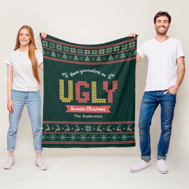 Green Red Gold Ugly Christmas Sweater Nordic Knit  Fleece Blanket (In Situ)