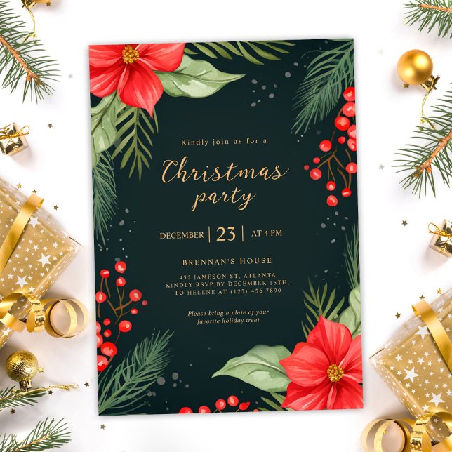 Green Red Greenery Holiday Christmas Party Invitation (Green Red Greenery Holiday Christmas Party Invitation)