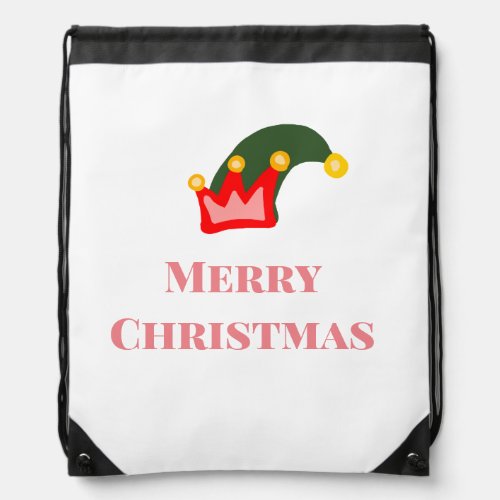Green red hat merry Christmas add name text name Drawstring Bag