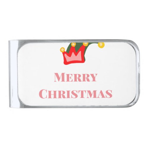 Green red hat merry Christmas add name text name Silver Finish Money Clip