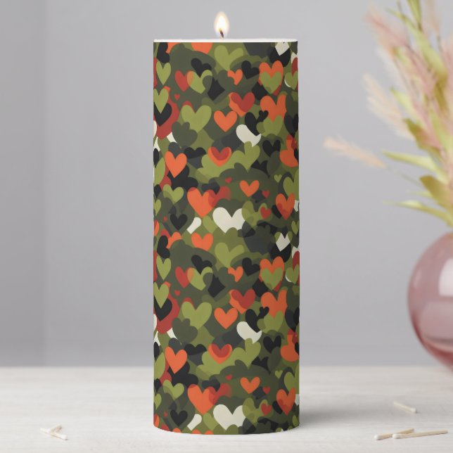 Green Red Heart Pattern Pillar Candle (In Situ)