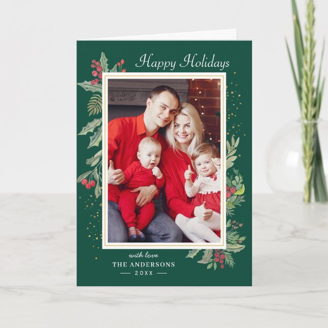 Green Red Holly Berries Xmas Happy Holidays Photo Holiday Card (Front)