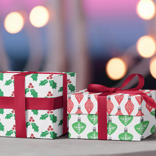 Green Red Holly Ornament Bauble  Wrapping Paper Sheets