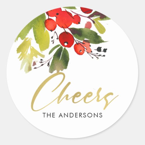 GREEN RED HOLY BERRIES WATERCOLOR CHRISTMAS CHEERS CLASSIC ROUND STICKER