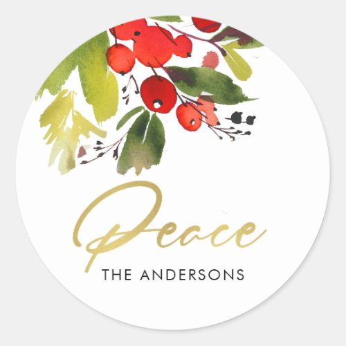 GREEN RED HOLY BERRIES WATERCOLOR CHRISTMAS PEACE CLASSIC ROUND STICKER