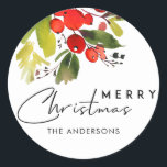 GREEN RED HOLY BERRIES WATERCOLOR MERRY CHRISTMAS CLASSIC ROUND STICKER<br><div class="desc">For any further customisation or any other matching items,  please feel free to contact me at yellowfebstudio@gmail.com</div>