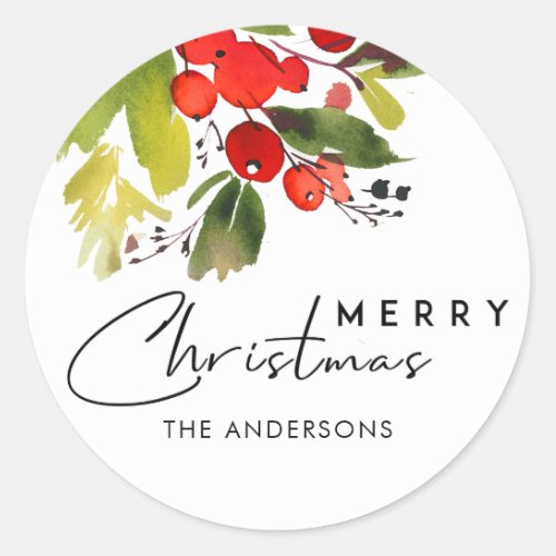 GREEN RED HOLY BERRIES WATERCOLOR MERRY CHRISTMAS CLASSIC ROUND STICKER