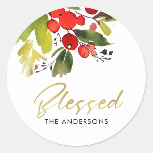 GREEN RED HOLY BERRY WATERCOLOR CHRISTMAS BLESSED CLASSIC ROUND STICKER