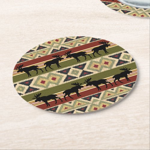 Green Red Ivory Ochre Ethnic Look Round Paper Coaster