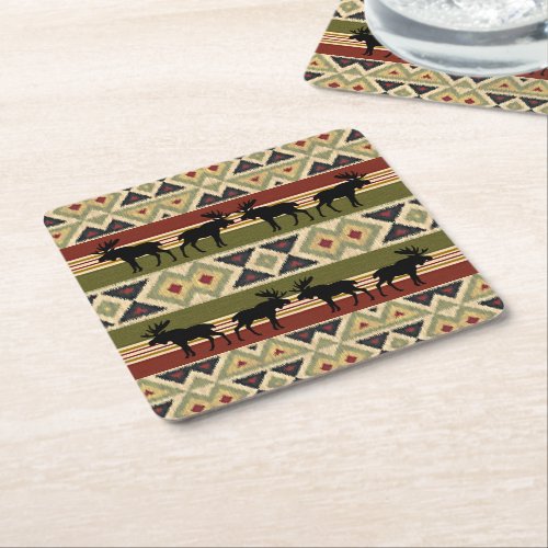 Green Red Ivory Ochre Ethnic Look Square Paper Coaster