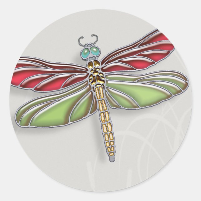 Green & Red Jeweled Dragonfly Classic Round Sticker (Front)