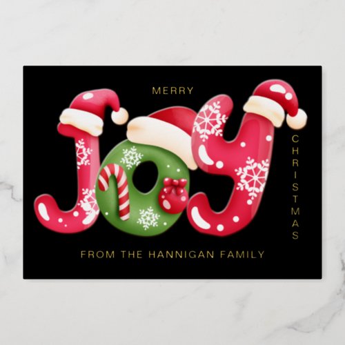 Green Red Joy Letters Illustration Photo Christmas Foil Holiday Card