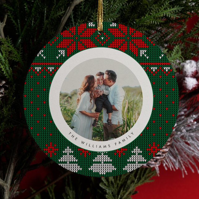 Green & Red Knit Sweater Pattern Photo Ceramic Ornament (Creator Uploaded)