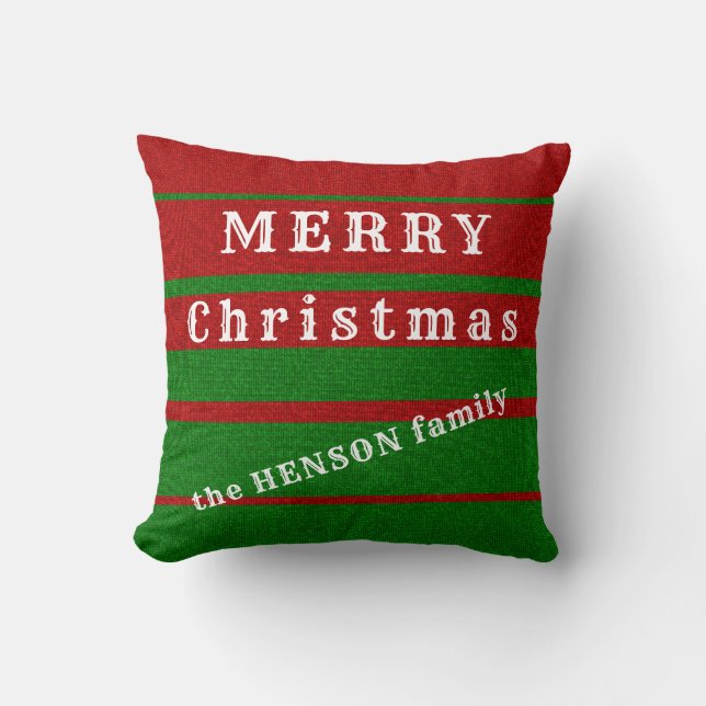 Green Red Knitting Merry Christmas Family Holiday Throw Pillow (Front)