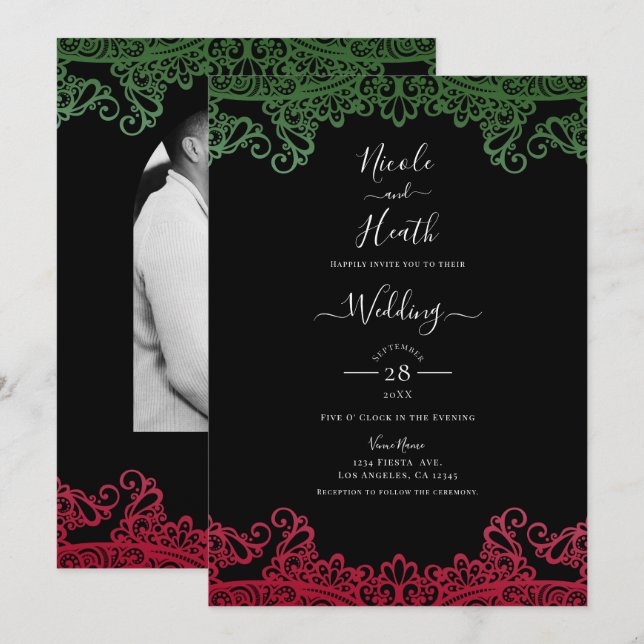 Green & Red Lace Elegant Fiesta Black Wedding   Invitation (Front/Back)