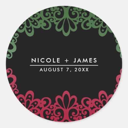 Green  Red Lace Elegant Fiesta Wedding  Classic Round Sticker