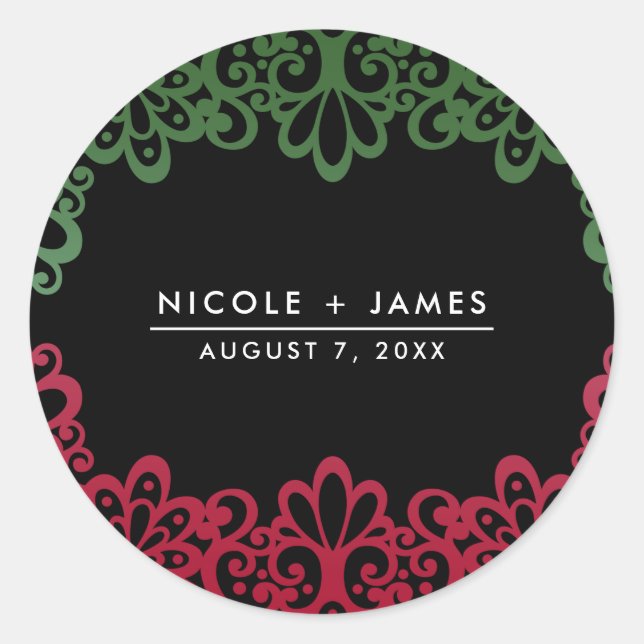 Green & Red Lace Elegant Fiesta Wedding  Classic Round Sticker (Front)