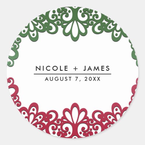 Green  Red Lace Elegant Fiesta Wedding  Classic Round Sticker
