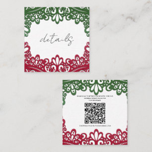 Green & Red Lace Elegant Fiesta Wedding Details Square Business Card