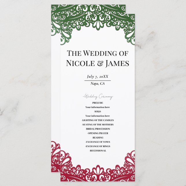Green & Red Lace Elegant Fiesta Wedding Program (Front/Back)