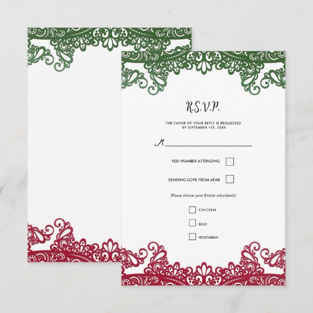 Green & Red Lace Elegant Fiesta Wedding RSVP (Front/Back)