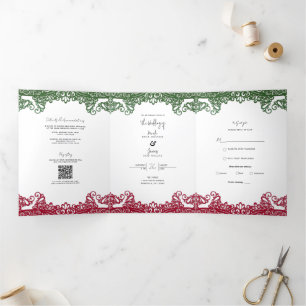 Green & Red Lace Elegant Fiesta Wedding Tri-Fold Invitation