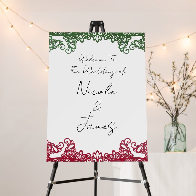 Green & Red Lace Elegant Fiesta Wedding Welcome  Foam Board (In Situ (Stand))