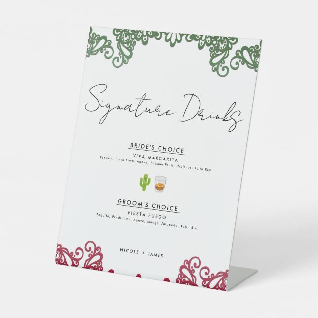 Green & Red Lace Fiesta Wedding Signature Drinks Pedestal Sign (Front)