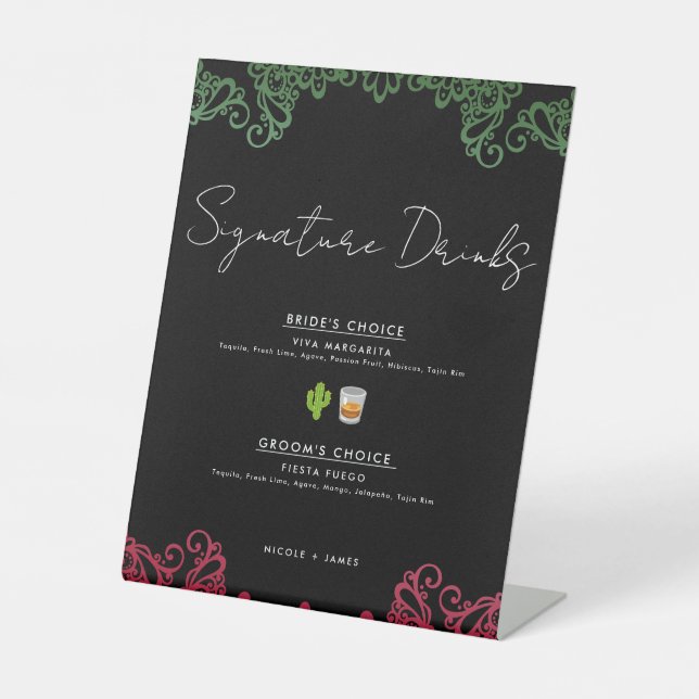 Green & Red Lace Fiesta Wedding Signature Drinks Pedestal Sign (Front)