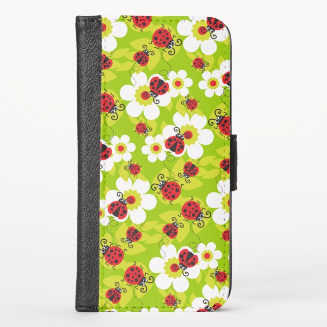 Green red ladybug and flower pattern flap case (Front)