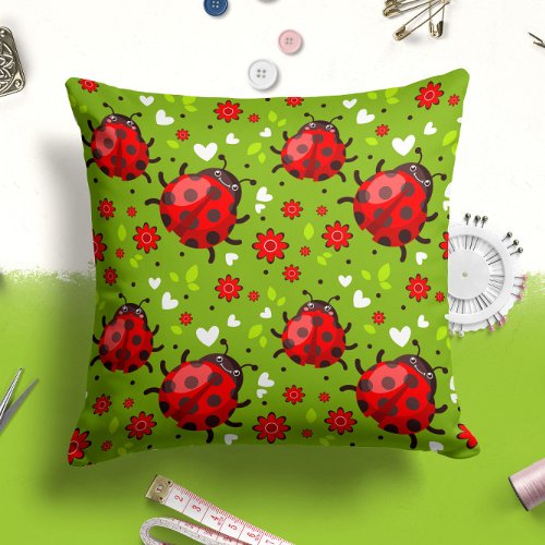 Green Red Ladybug Insect  Bug Throw Pillow 