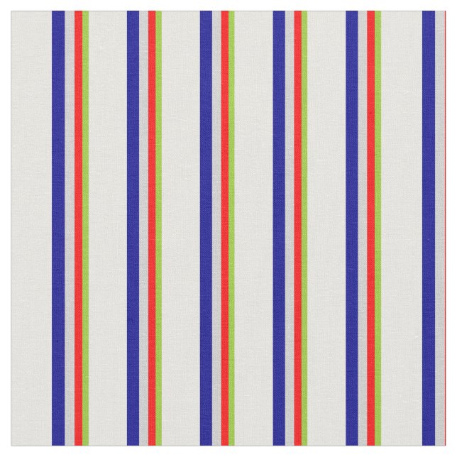 Green, Red, Light Gray, Dark Blue & White Lines Fabric (Close Up)