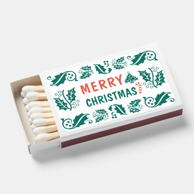 Green Red Merry Christmas Holly Matchboxes (Front Open)