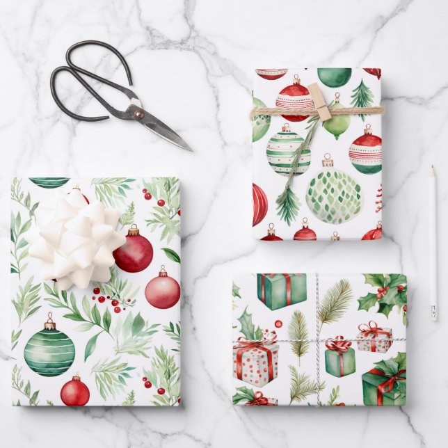 Green Red Merry Christmas Ornaments Wrapping Paper Sheets (Front)