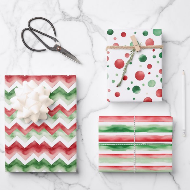 Green Red Merry Christmas Stripes Dots Wrapping Paper Sheets (Front)