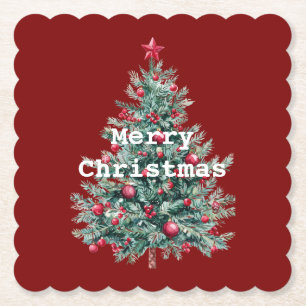 Green Red Merry Christmas Tree Paper Coaster