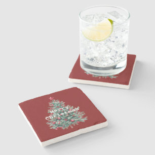 Green Red Merry Christmas Tree Stone Coaster