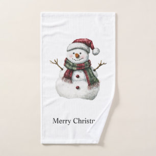 Green Red Merry Christmas Trees Snowman Hand Towel