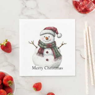 Green Red Merry Christmas Trees Snowman Napkins