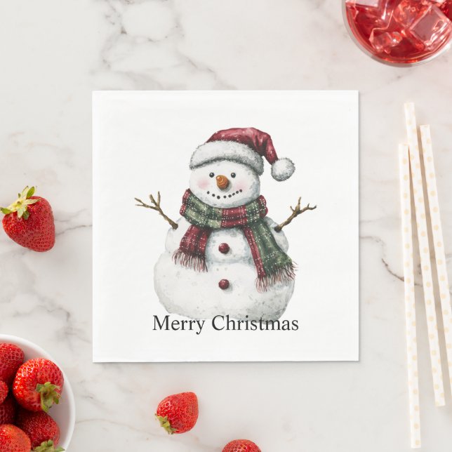 Green Red Merry Christmas Trees Snowman Napkins (Insitu)