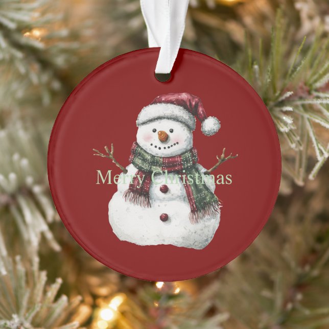 Green Red Merry Christmas Trees Snowman Ornament (Tree)