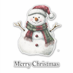 Green Red Merry Christmas Trees Snowman Sticker