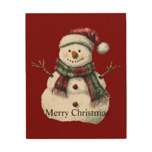 Green Red Merry Christmas Trees Snowman Wood Wall Art