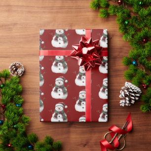 Green Red Merry Christmas Trees Snowman Wrapping Paper