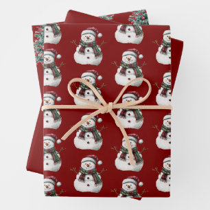 Green Red Merry Christmas Trees Snowman Wrapping Paper Sheets
