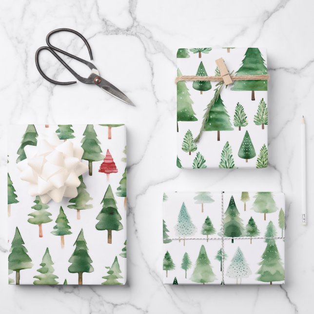 Green Red Merry Christmas Trees  Wrapping Paper Sheets (Front)