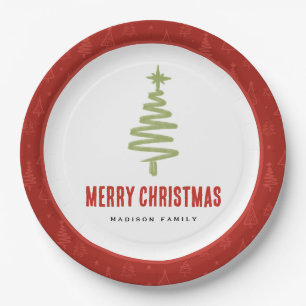Green & Red Minimal Christmas Tree Family Holiday Paper Plates